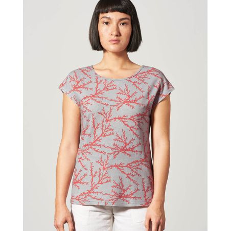 Tee-shirt Femme Manches Très Courtes en Chanvre et Coton Bio Imprimé Corail